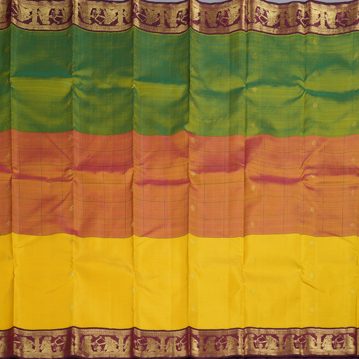 Hayagrivas Mubagam(Green,Pink And Yellow) Handloom Kanjivaram Silk Saree with Wine Maroon Border KBD1852B5-1