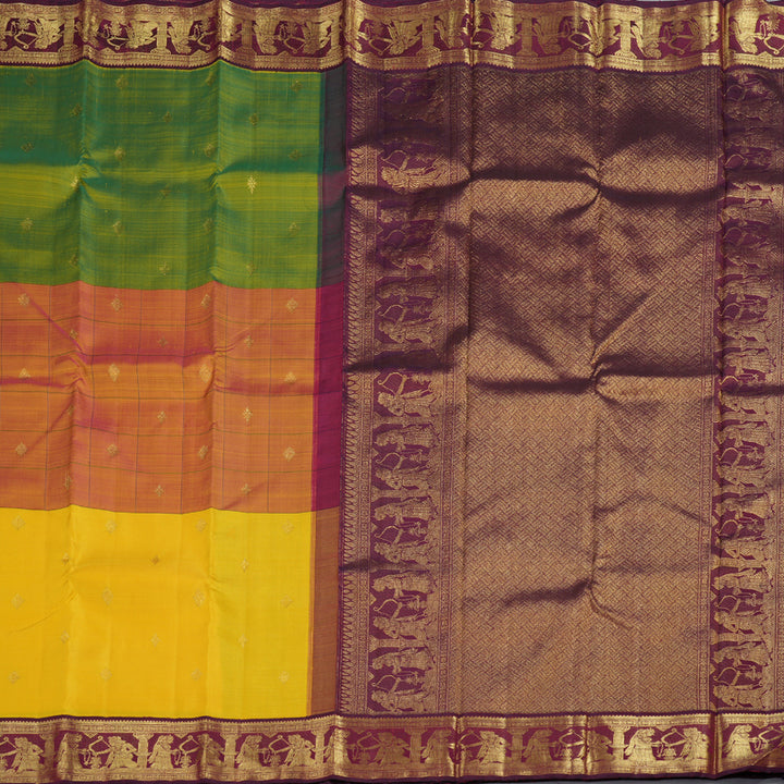 Hayagrivas Mubagam(Green,Pink And Yellow) Handloom Kanjivaram Silk Saree with Wine Maroon Border KBD1852B5-1