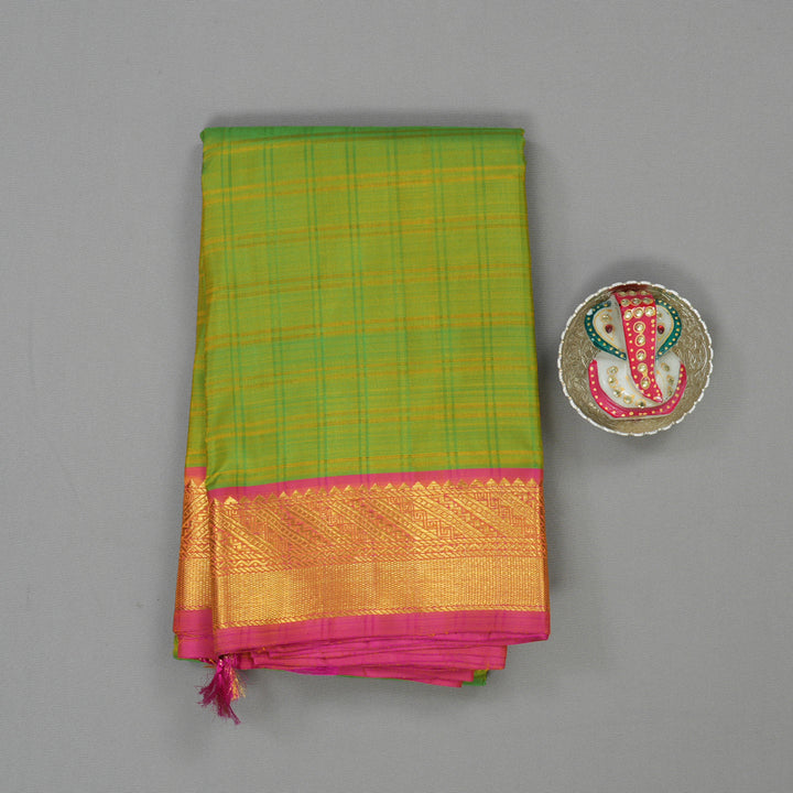 Hayagrivas Handloom Fluorescent Green Kanjivaram Silk Saree with Golden Pink Border KBD1853B12-1