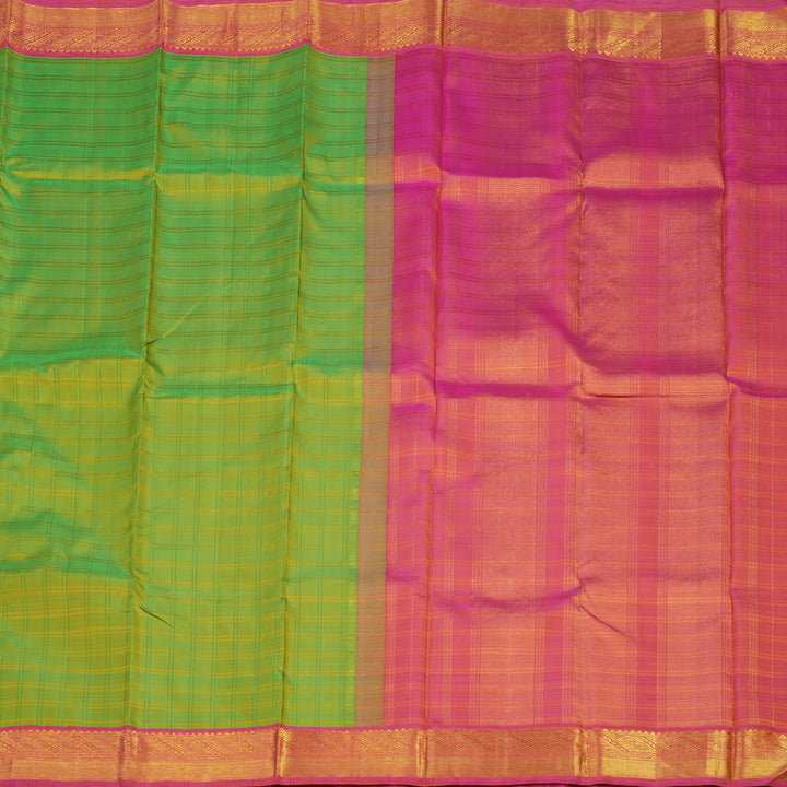 Hayagrivas Handloom Fluorescent Green Kanjivaram Silk Saree with Golden Pink Border KBD1853B12-1