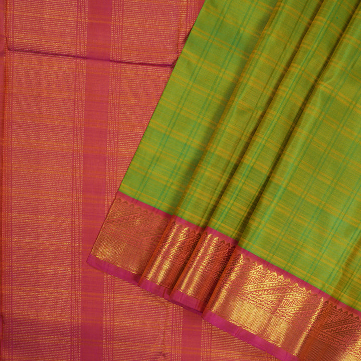 Hayagrivas Handloom Fluorescent Green Kanjivaram Silk Saree with Golden Pink Border KBD1853B12-1