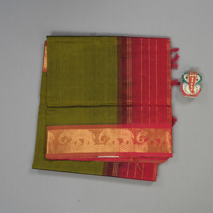 Hayagrivas Handloom Silk cotton saree in Mehandi green with maroon KBD1859B2-9