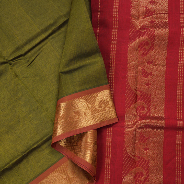 Hayagrivas Handloom Silk cotton saree in Mehandi green with maroon KBD1859B2-9