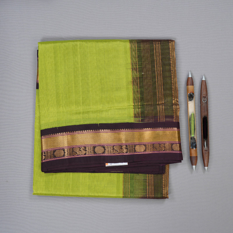 Hayagrivas Handloom Silk Cotton Saree in Vibrant Fluorescent Green with Dark Brown Border KBD1861B5-4