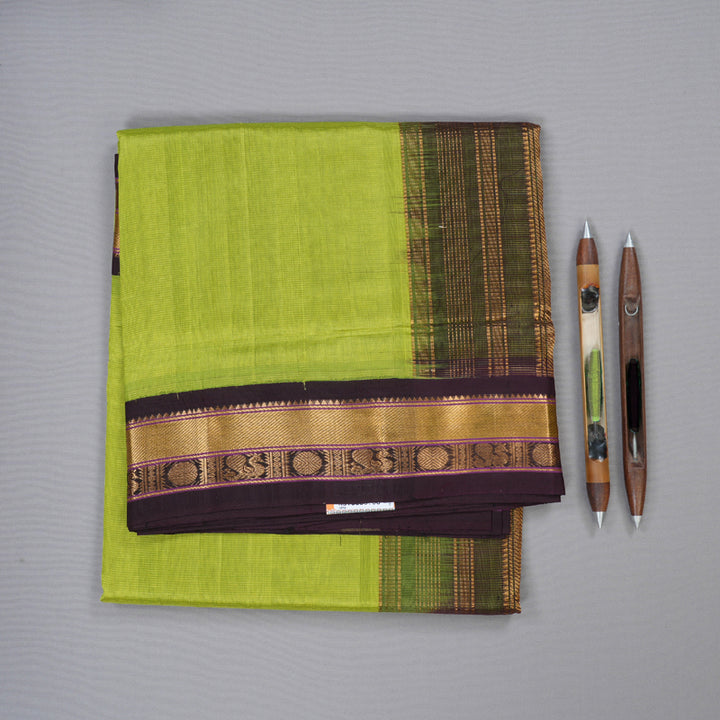 Hayagrivas Handloom Silk Cotton Saree in Vibrant Fluorescent Green with Dark Brown Border KBD1861B5-4
