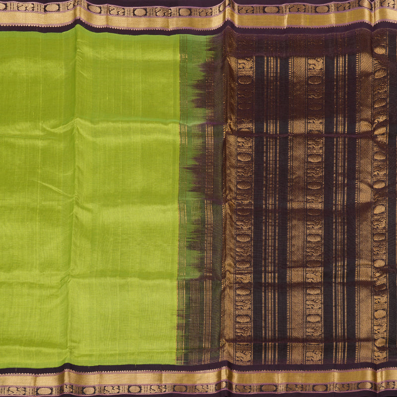 Hayagrivas Handloom Silk Cotton Saree in Vibrant Fluorescent Green with Dark Brown Border KBD1861B5-4