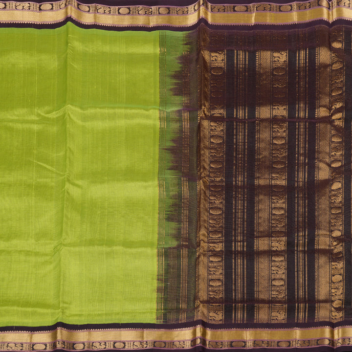 Hayagrivas Handloom Silk Cotton Saree in Vibrant Fluorescent Green with Dark Brown Border KBD1861B5-4