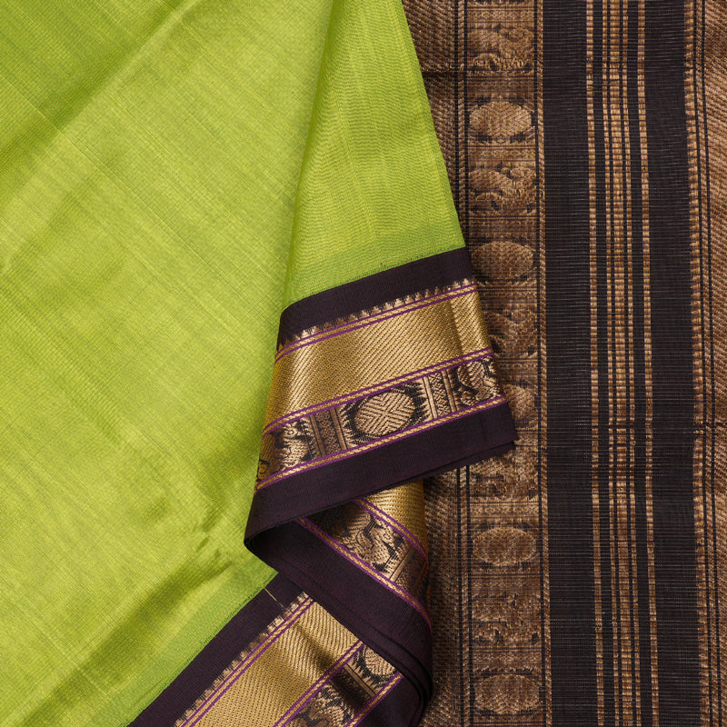 Hayagrivas Handloom Silk Cotton Saree in Vibrant Fluorescent Green with Dark Brown Border KBD1861B5-4