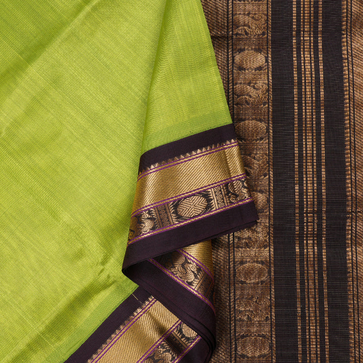 Hayagrivas Handloom Silk Cotton Saree in Vibrant Fluorescent Green with Dark Brown Border KBD1861B5-4