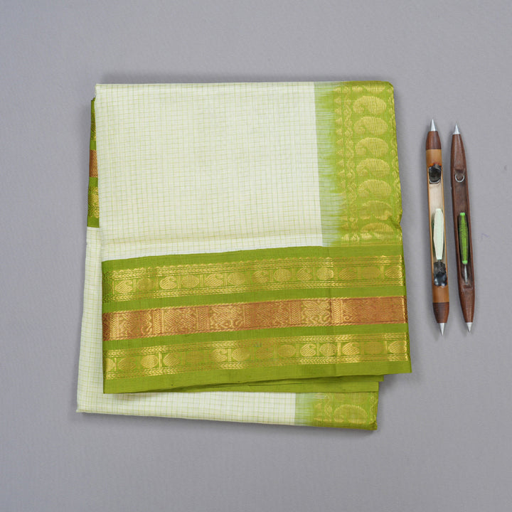 Hayagrivas Handloom Silk Cotton Saree in Opulent White and Parrot Green Contrast KBD1862B3-1