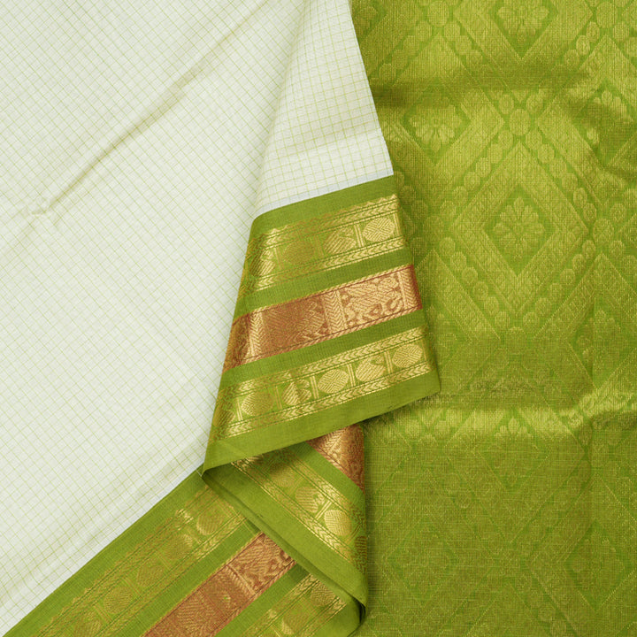 Hayagrivas Handloom Silk Cotton Saree in Opulent White and Parrot Green Contrast KBD1862B3-1
