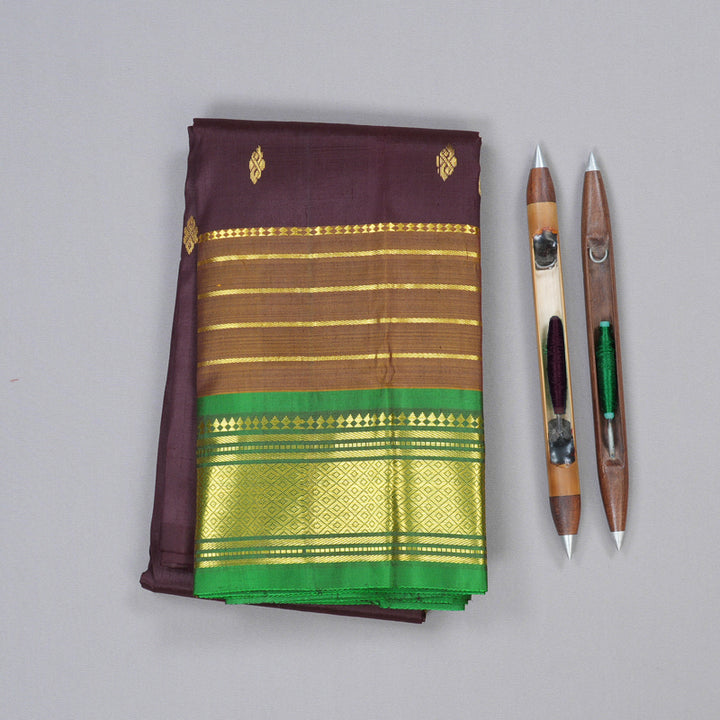Hayagrivas Dark Brown Handloom Kanjivaram Silk Saree with Mehandi Green Border with KBD1867B2-5