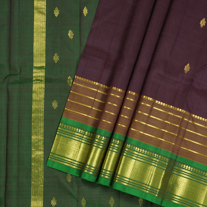 Hayagrivas Dark Brown Handloom Kanjivaram Silk Saree with Mehandi Green Border with KBD1867B2-5