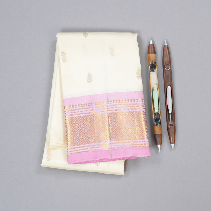 Hayagrivas White Handloom Kanjivaram Silk Saree with Baby Pink Border with KBD1868B1-14