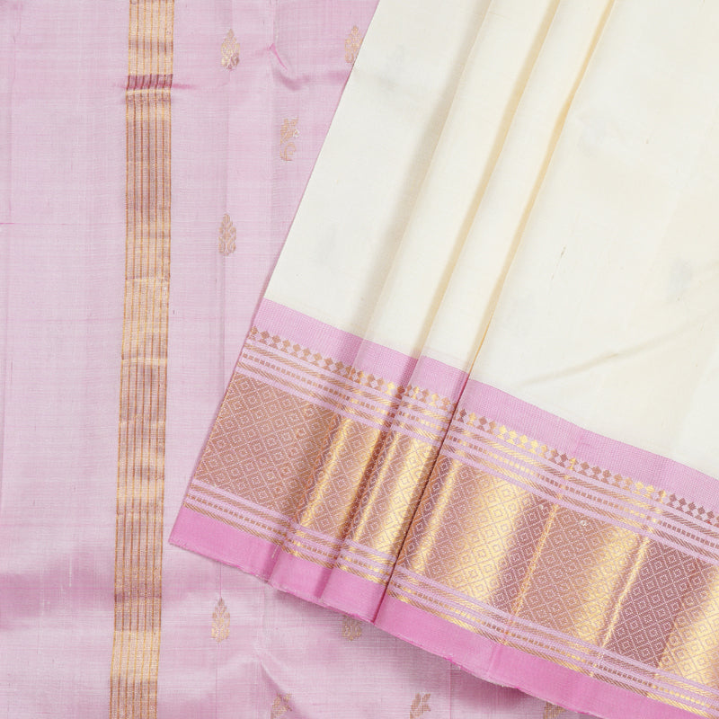 Hayagrivas White Handloom Kanjivaram Silk Saree with Baby Pink Border with KBD1868B1-14