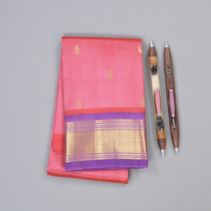 Hayagrivas Peach Pink Handloom Kanjivaram Silk Saree with Purple Border with KBD1868B1-3