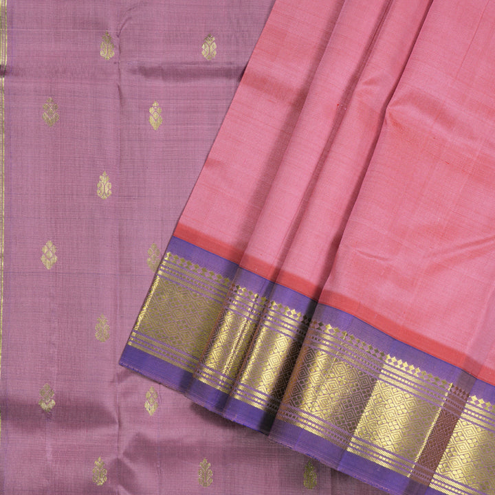 Hayagrivas Peach Pink Handloom Kanjivaram Silk Saree with Purple Border with KBD1868B1-3