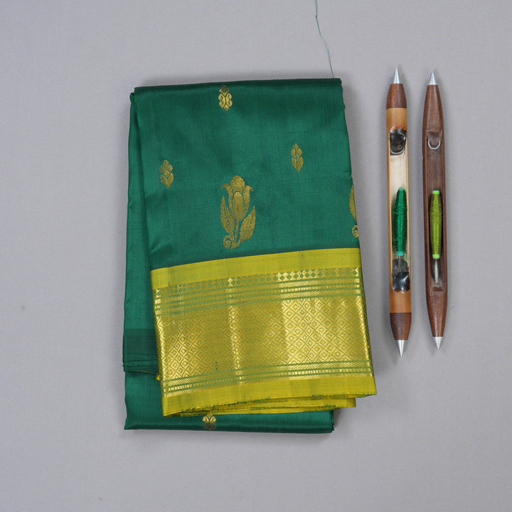Hayagrivas Bottle Green Handloom Kanjivaram Silk Saree with Sampanga Yellow Border KBD1868B3-2