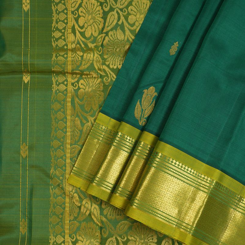 Hayagrivas Bottle Green Handloom Kanjivaram Silk Saree with Sampanga Yellow Border KBD1868B3-2