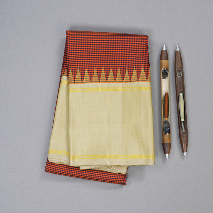 Hayagrivas Orange With Black Checks Handloom Kanjivaram Silk Saree with Sandal Border KBD1882B11-1
