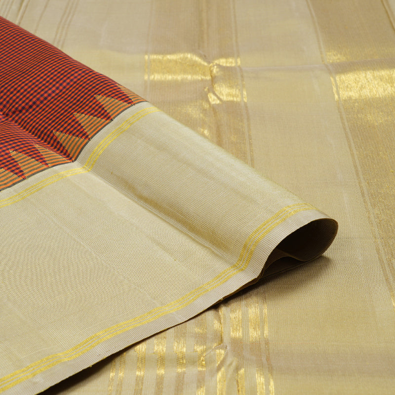 Hayagrivas Orange With Black Checks Handloom Kanjivaram Silk Saree with Sandal Border KBD1882B11-1