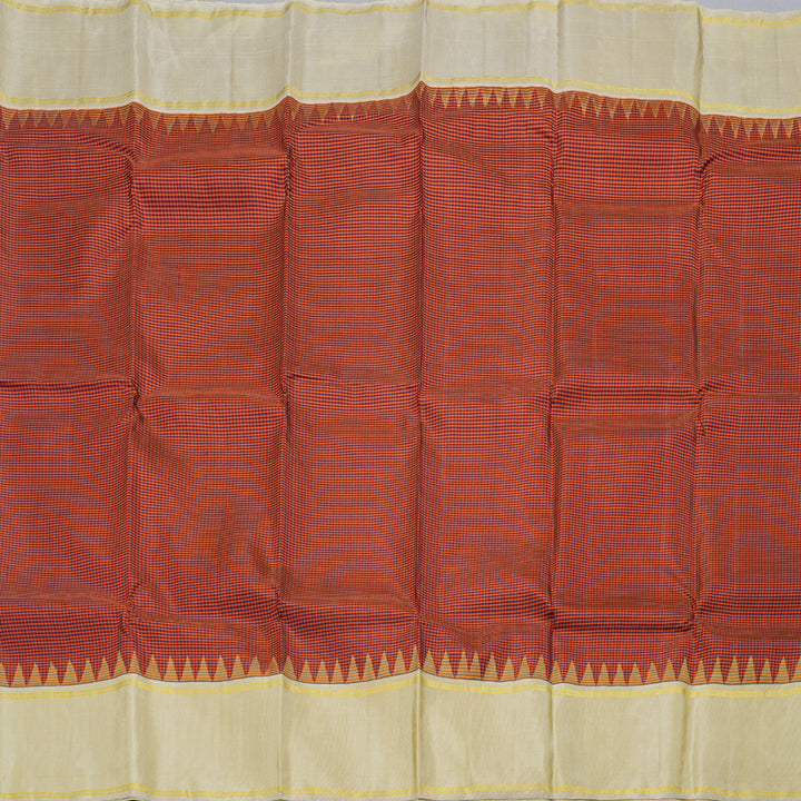 Hayagrivas Orange With Black Checks Handloom Kanjivaram Silk Saree with Sandal Border KBD1882B11-1