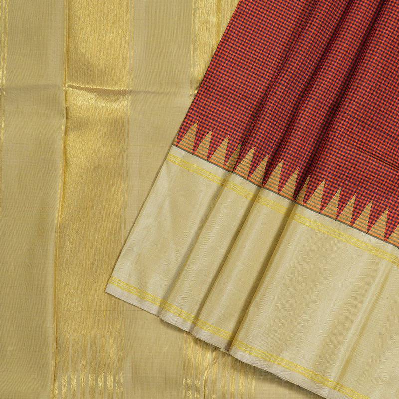 Hayagrivas Orange With Black Checks Handloom Kanjivaram Silk Saree with Sandal Border KBD1882B11-1