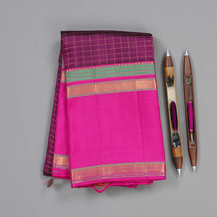 Hayagrivas Dark Purple Handloom Kanjivaram Silk Saree with Pink Border KBD1882B13-1