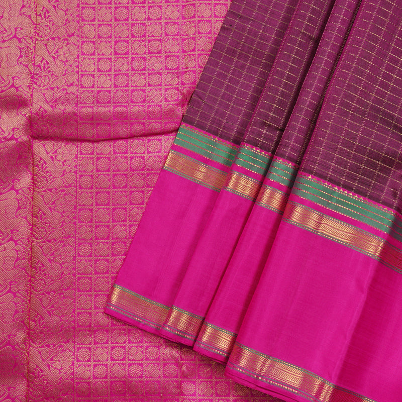 Hayagrivas Dark Purple Handloom Kanjivaram Silk Saree with Pink Border KBD1882B13-1