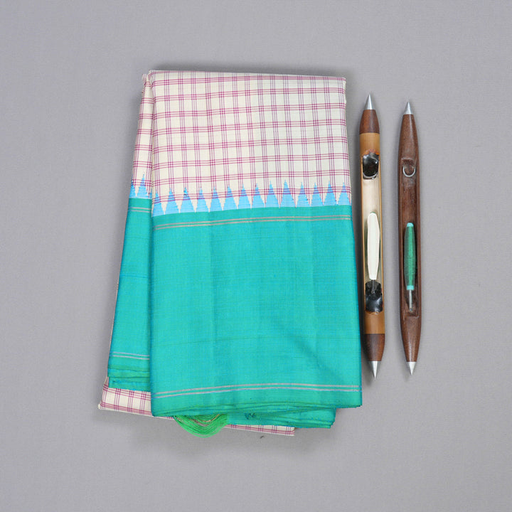 Hayagrivas White Handloom Kanjivaram Silk Saree with Sea Blue Border KBD1884B8-1