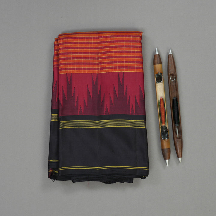 Hayagrivas Handloom Maroon & Orange Checks Kanjivaram Silk Saree with Black border KBD1886B10-1