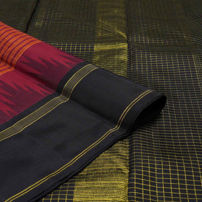 Hayagrivas Handloom Maroon & Orange Checks Kanjivaram Silk Saree with Black border KBD1886B10-1