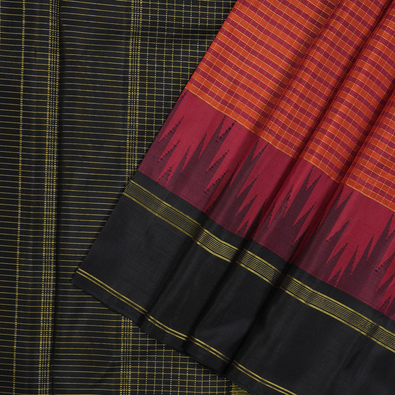 Hayagrivas Handloom Maroon & Orange Checks Kanjivaram Silk Saree with Black border KBD1886B10-1