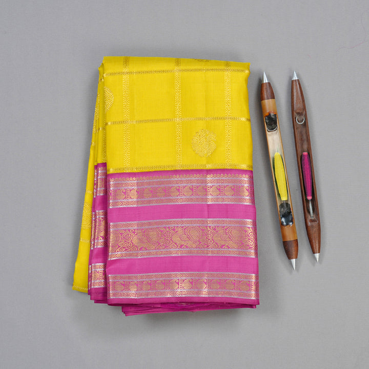 Hayagrivas Lemon Yellow Handloom Kanjivaram Silk Saree with Pink Border KBD1887B2-1