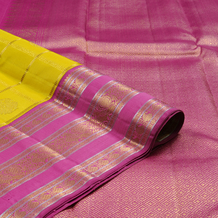 Hayagrivas Lemon Yellow Handloom Kanjivaram Silk Saree with Pink Border KBD1887B2-1
