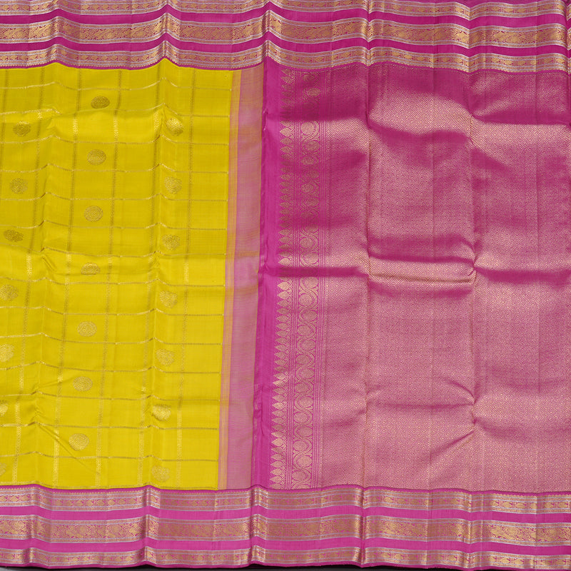 Hayagrivas Lemon Yellow Handloom Kanjivaram Silk Saree with Pink Border KBD1887B2-1