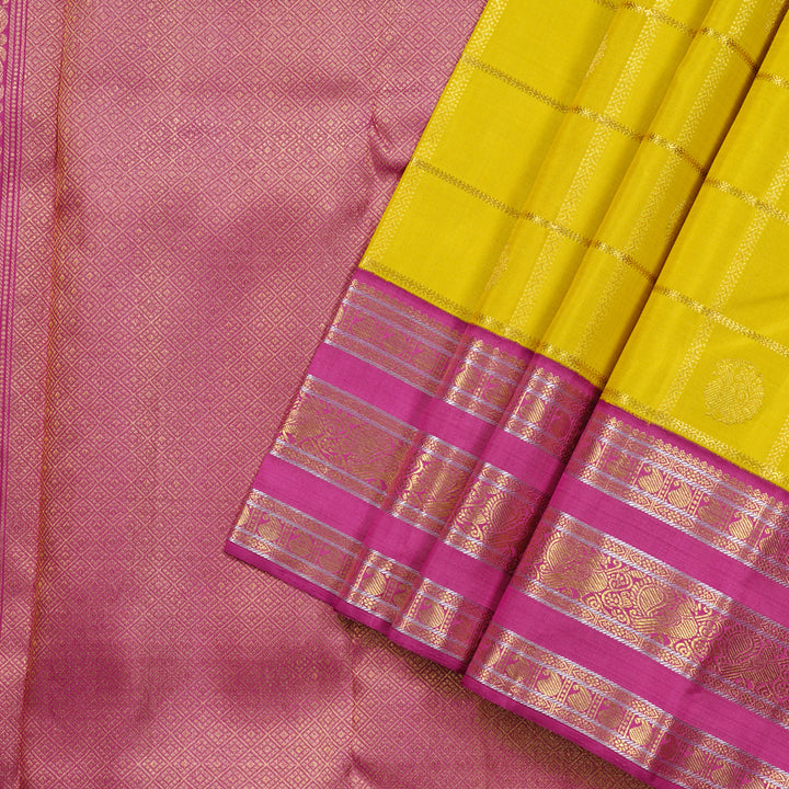 Hayagrivas Lemon Yellow Handloom Kanjivaram Silk Saree with Pink Border KBD1887B2-1