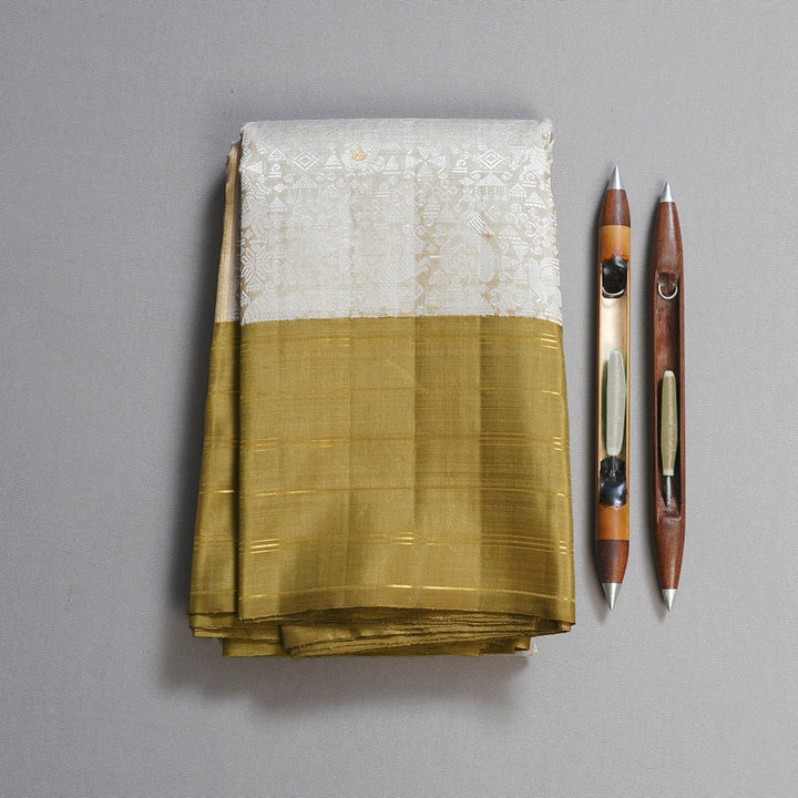 Hayagrivas Silver Grey Handloom Kanjivaram Silk Saree with Sandal Border KBD1890B3-1