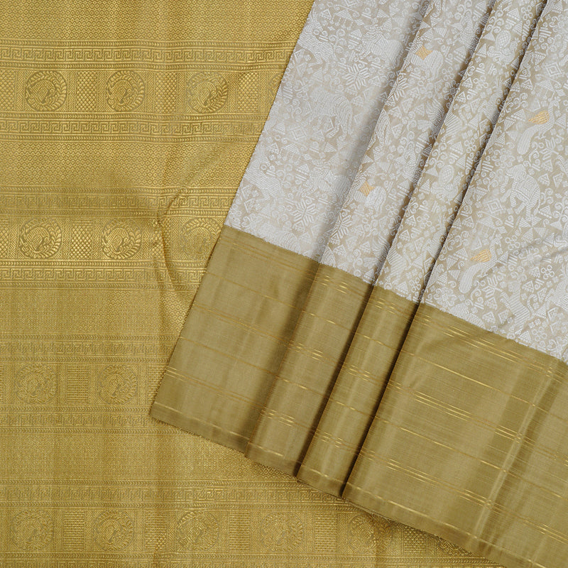 Hayagrivas Silver Grey Handloom Kanjivaram Silk Saree with Sandal Border KBD1890B3-1