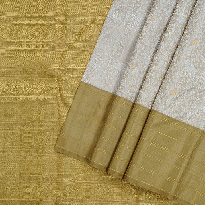 Hayagrivas Silver Grey Handloom Kanjivaram Silk Saree with Sandal Border KBD1890B3-1