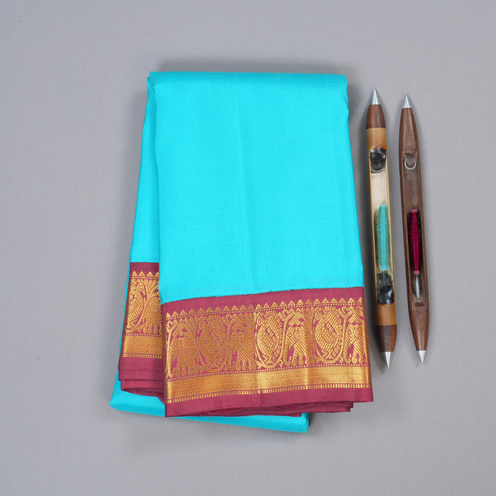 Hayagrivas Sky Blue Handloom Kanjivaram Silk Saree with Maroon Border KBD1895B1-1