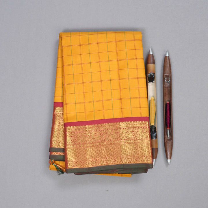 Hayagrivas Mustard Yellow Handloom Kanjivaram Silk Saree with Maroon Border KBD1895B4-1