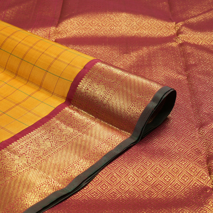 Hayagrivas Mustard Yellow Handloom Kanjivaram Silk Saree with Maroon Border KBD1895B4-1
