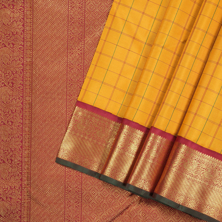 Hayagrivas Mustard Yellow Handloom Kanjivaram Silk Saree with Maroon Border KBD1895B4-1