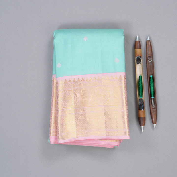 Hayagrivas Light Sky Blue Handloom Kanjivaram Silk Saree with Baby Pink Border KBD1899B1-1