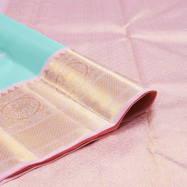 Hayagrivas Light Sky Blue Handloom Kanjivaram Silk Saree with Baby Pink Border KBD1899B1-1
