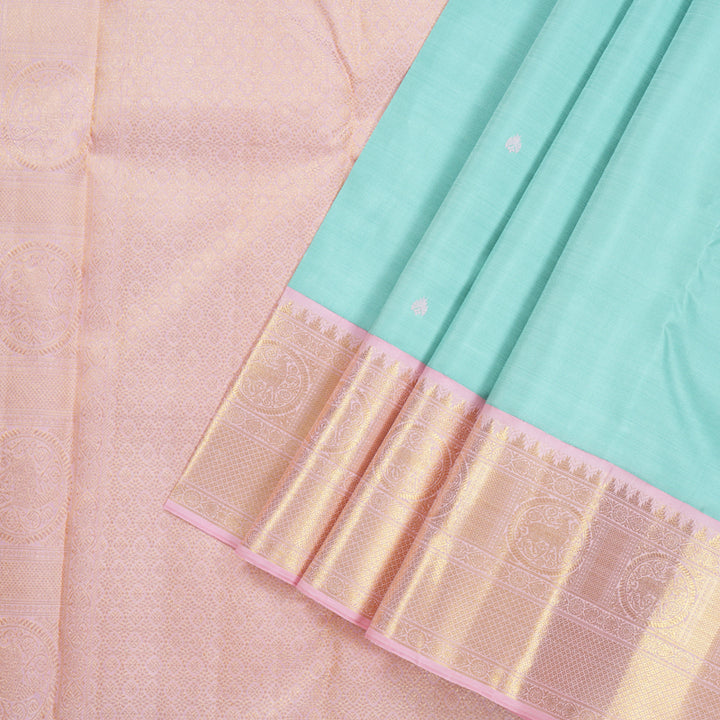 Hayagrivas Light Sky Blue Handloom Kanjivaram Silk Saree with Baby Pink Border KBD1899B1-1
