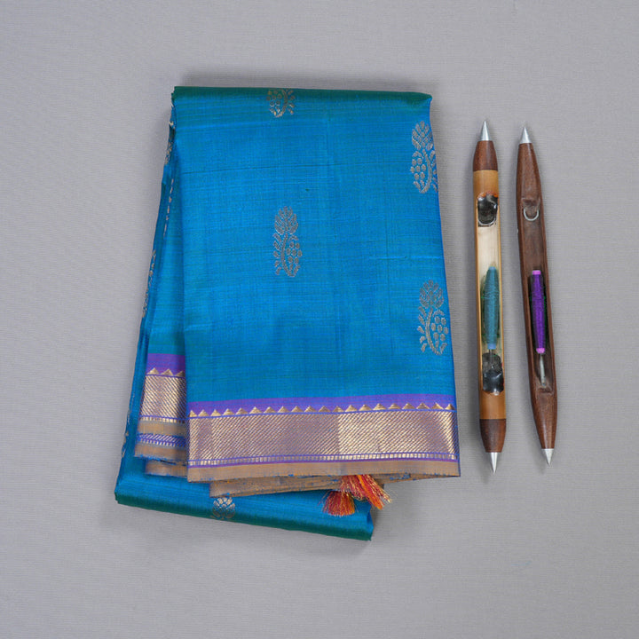 Hayagrivas Peacock Blue Handloom Kanjivaram Silk Saree with Purple Border KBD1921B5-3
