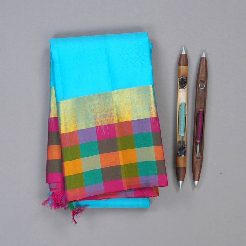 Hayagrivas Blue Handloom Kanjivaram Silk Saree with Multi Colour Checks Border KBD1943B1-1