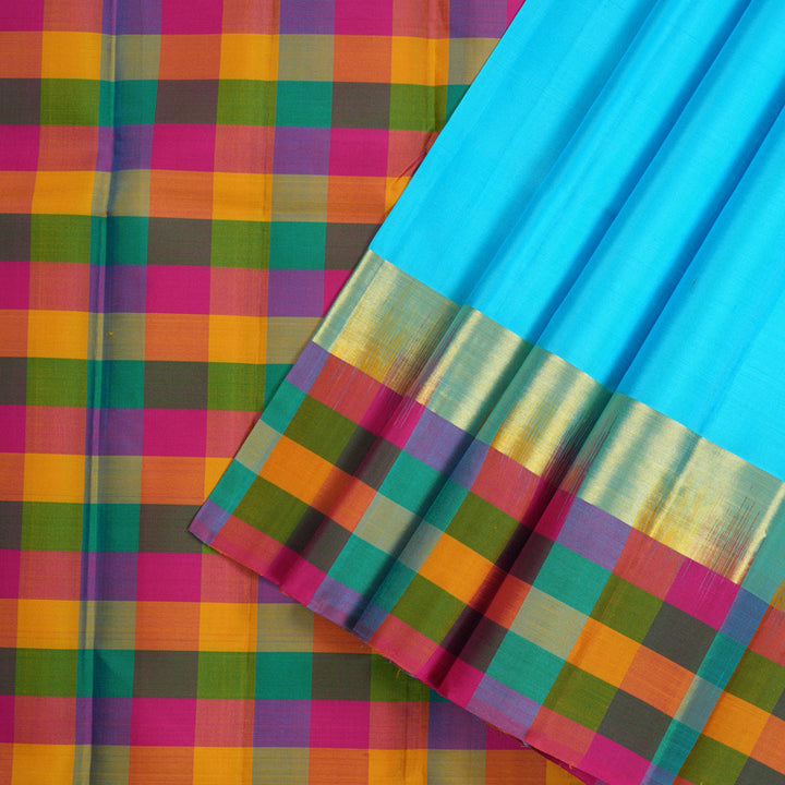 Hayagrivas Blue Handloom Kanjivaram Silk Saree with Multi Colour Checks Border KBD1943B1-1